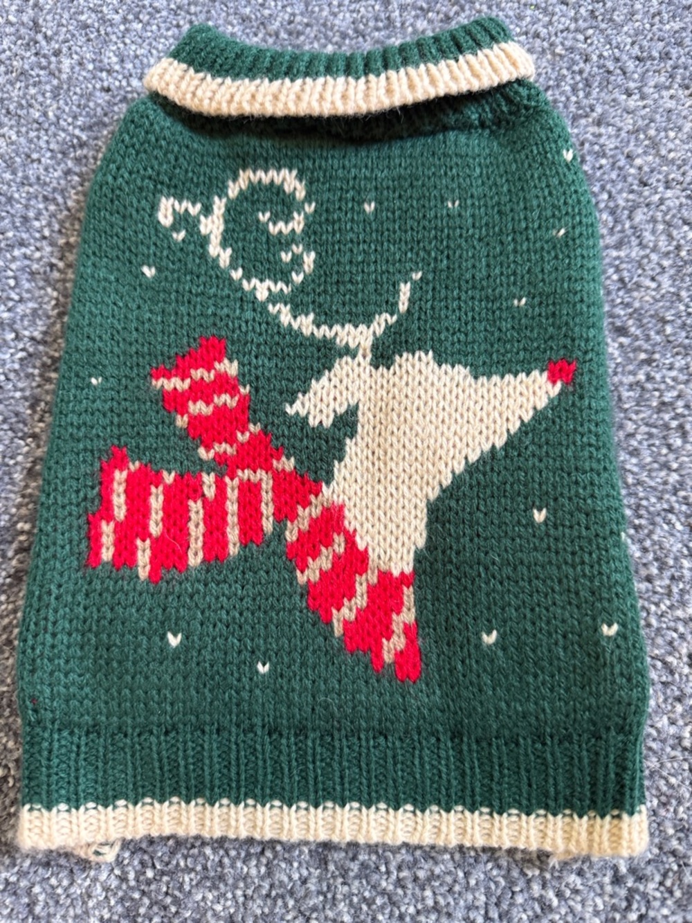Dogs Green Knit Holiday Reindeer Sweater with Red & Cream Accents